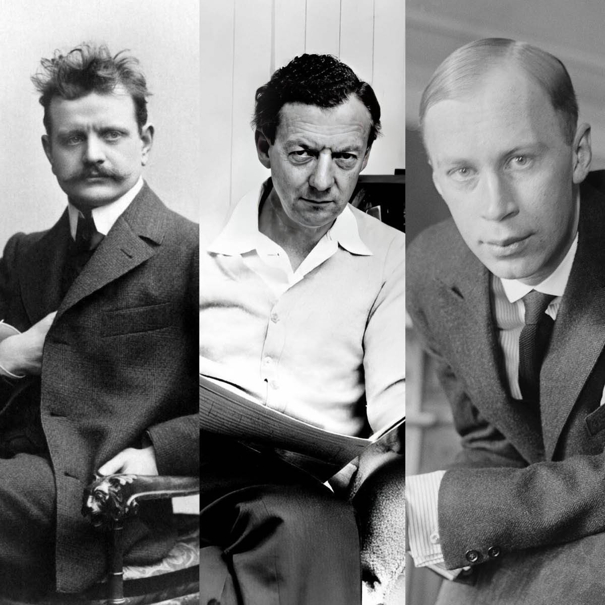 Portrett av tre komponister i svart-hvitt