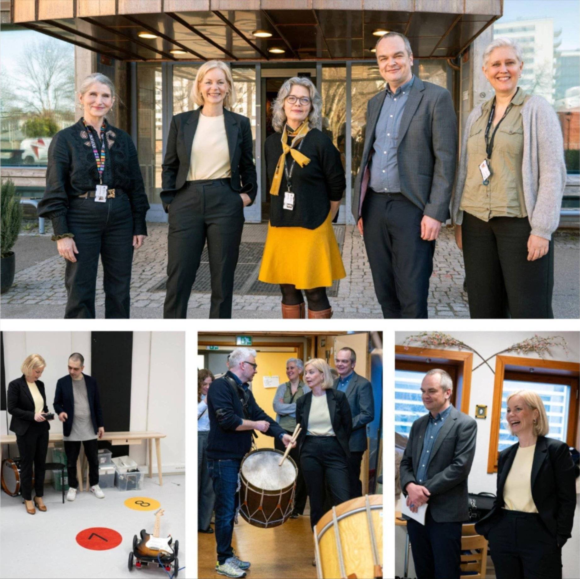 Kollasj med bilder av ministeren som blir vist rundt på NMH.